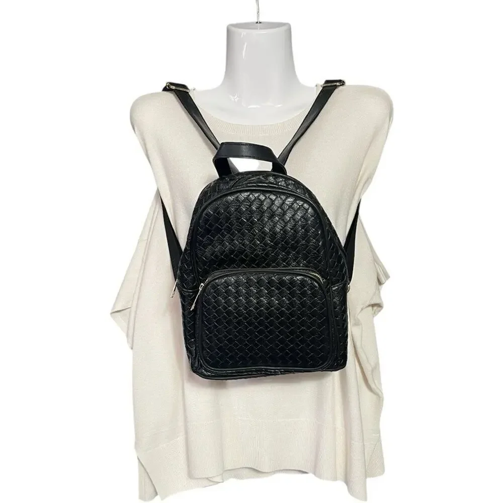 Black Woven Leather Quilted Mini Backpack